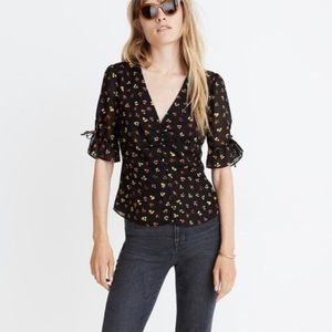 Madewell Silk Daylight Tie Sleeve Feline Floral Top